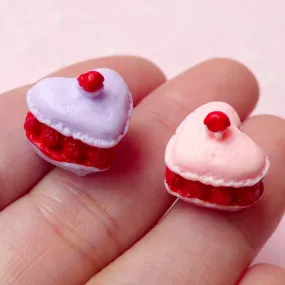 3D French Raspberry Macaroon Cabochons in Heart Shape / Dollhouse Miniature Macaron (2pcs / 13mm x 12mm / Pink & Purple) Kawaii Deco FCAB137