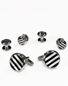 Black & White Circular Onyx and Mother of Pearl Stripes with Silver Trim Studs and Cufflinks Set