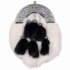 Chrome Celtic Cantle White Rabbit Sporran with 6 Black Fur Tassels