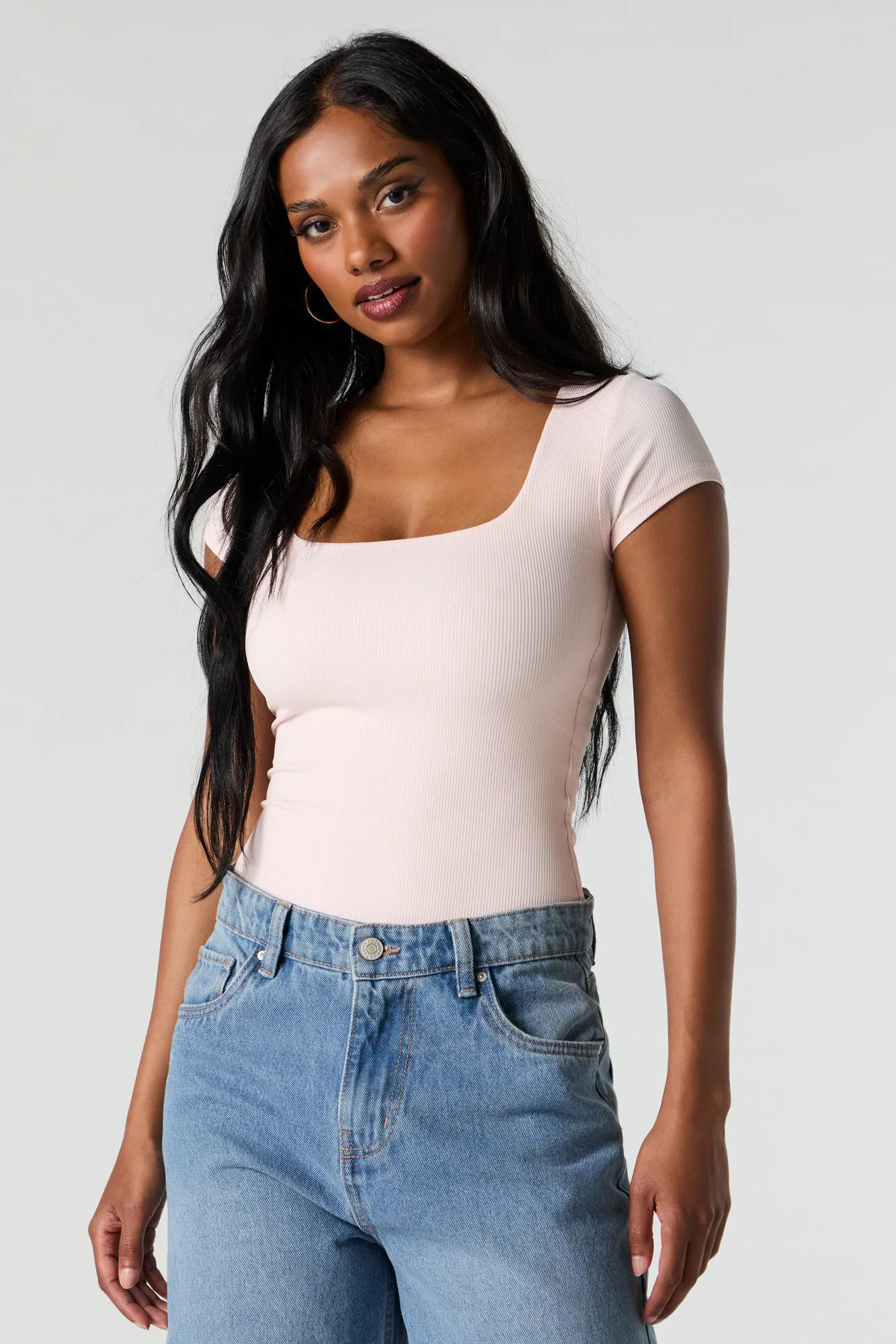 Contour Ribbed Square Neck Short Sleeve Bodysuit