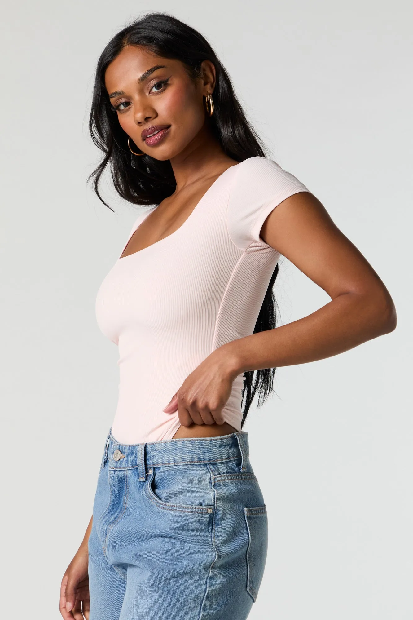 Contour Ribbed Square Neck Short Sleeve Bodysuit