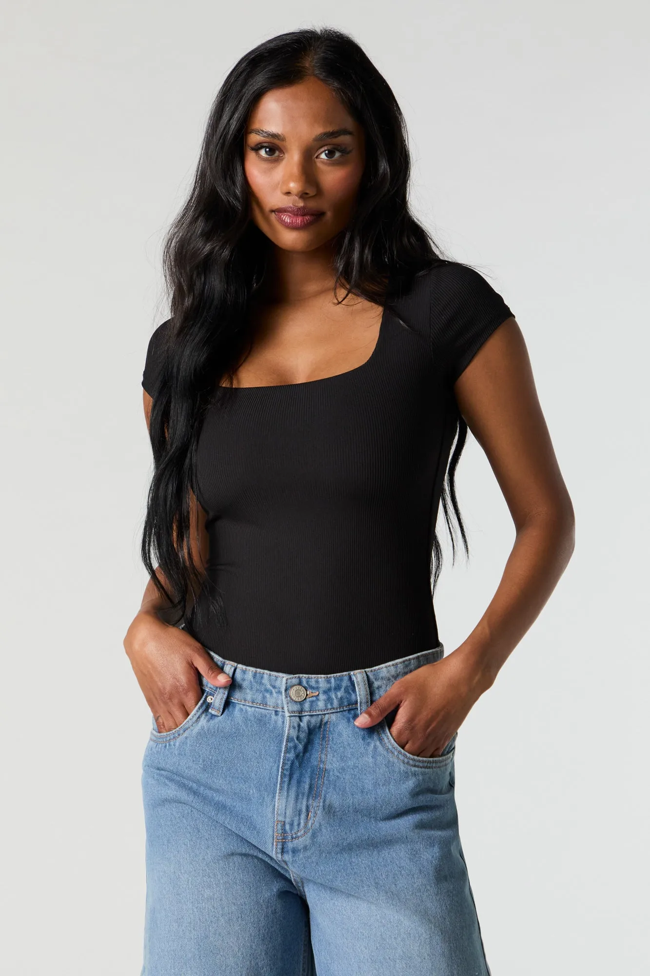 Contour Ribbed Square Neck Short Sleeve Bodysuit