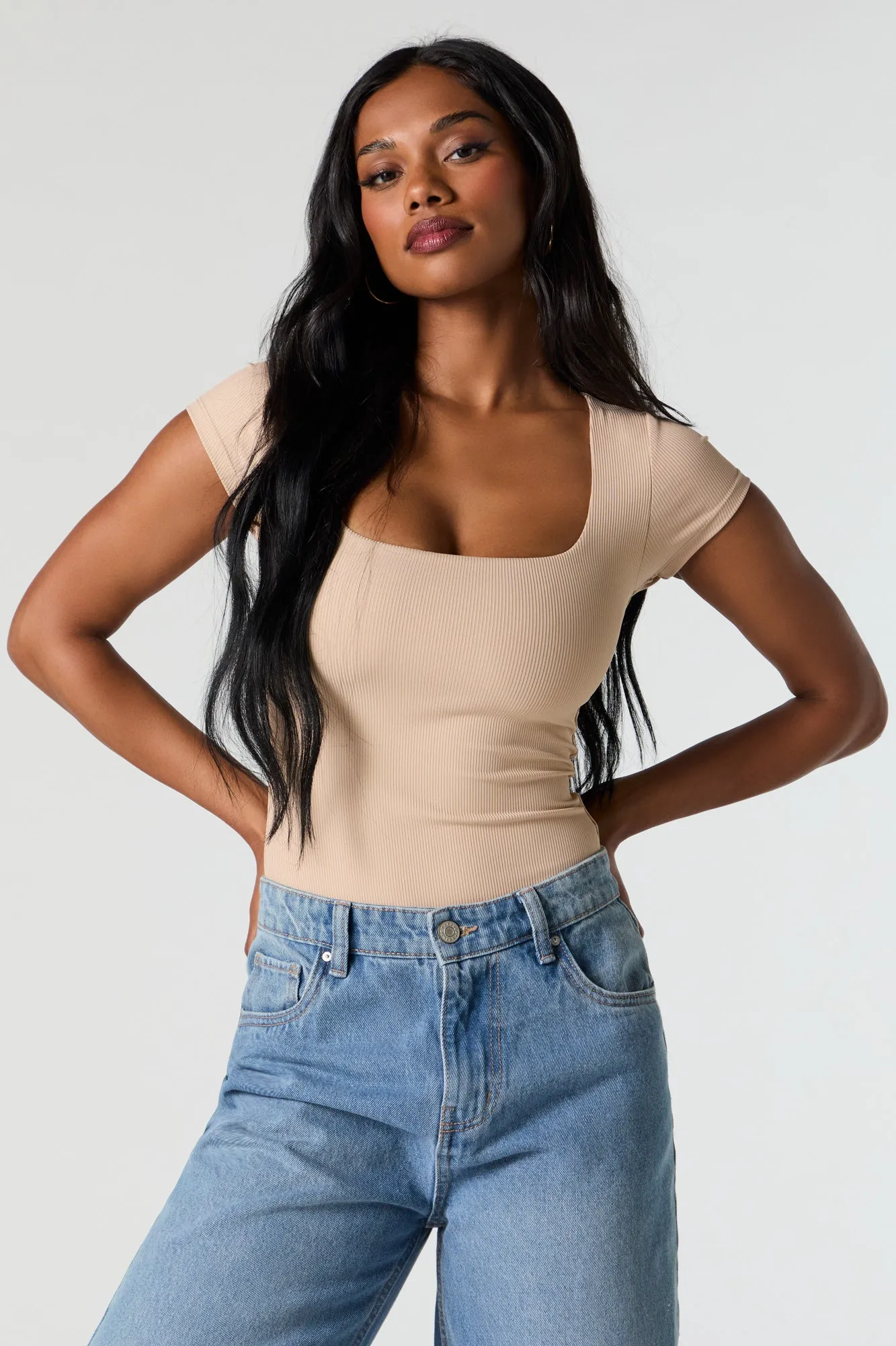 Contour Ribbed Square Neck Short Sleeve Bodysuit