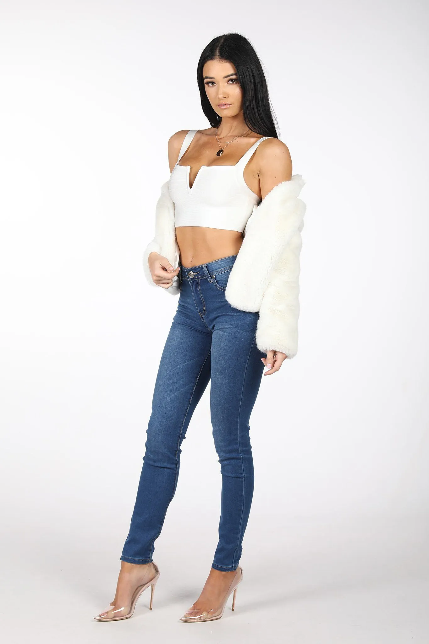 Cropped Faux Fur Coat - White