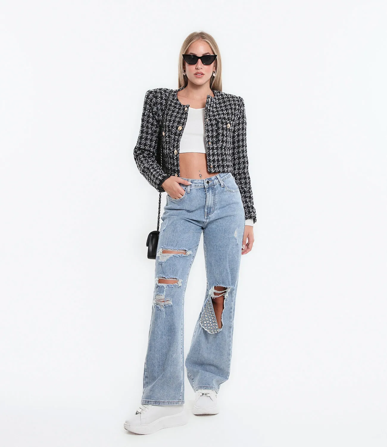 Cropped Houndstooth Blazer