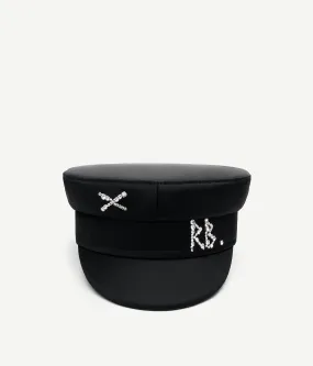 Crystal-embellished Black Satin Baker Boy Cap