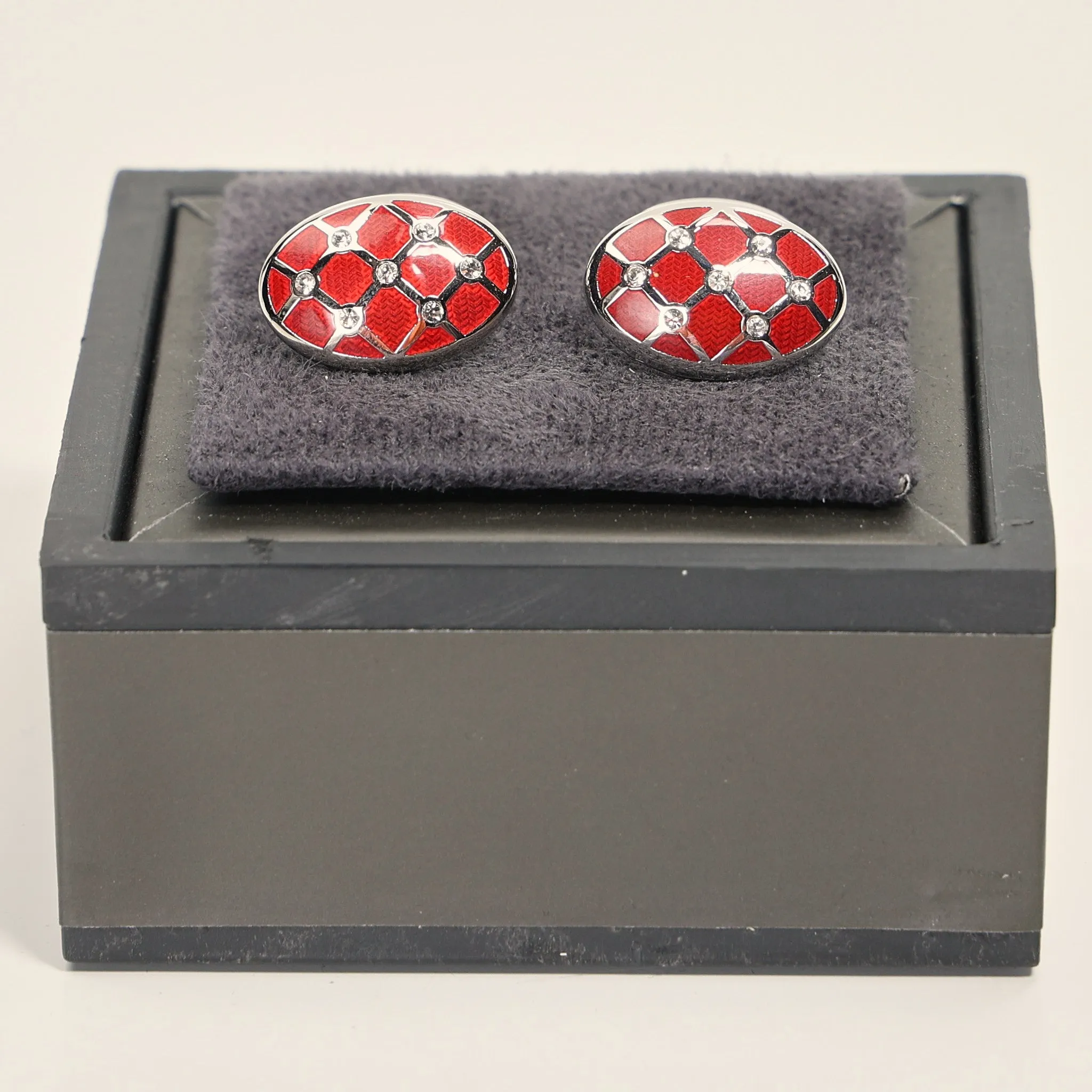 Crystal Encrusted Stainless Steel Cufflinks Red Silver