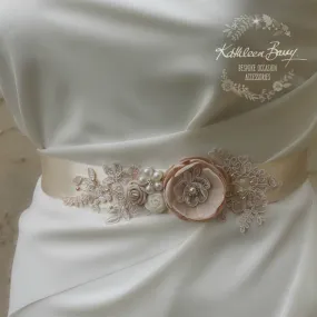 Emma Wedding dress sash belt - floral with lace - Blush pink ivory cream