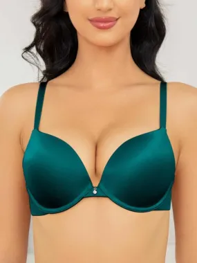 Lightly Padded Plunge Everyday Basic Underwire Push Up Bra Malachite Green