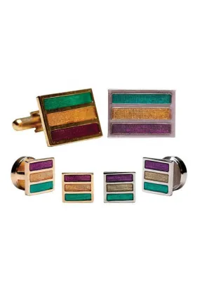 Mardi Gras Epoxy Rectangle Studs and Cufflinks Set