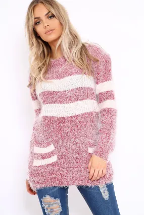 Red Fur Knit Wide Stripe Jumper Dress - Keeley