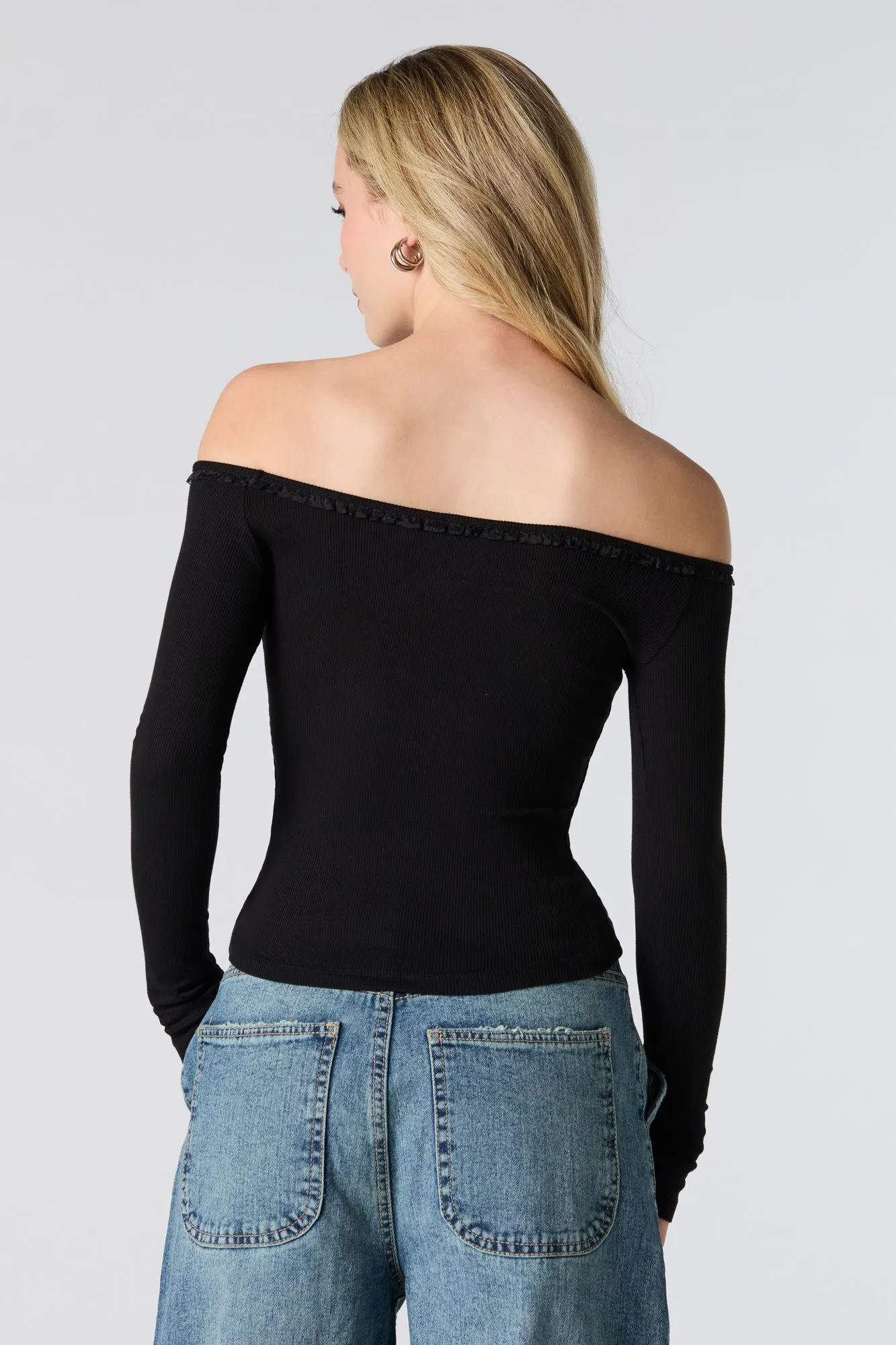 Ribbed Lace Bow Trim Off Shoulder Long Sleeve Top