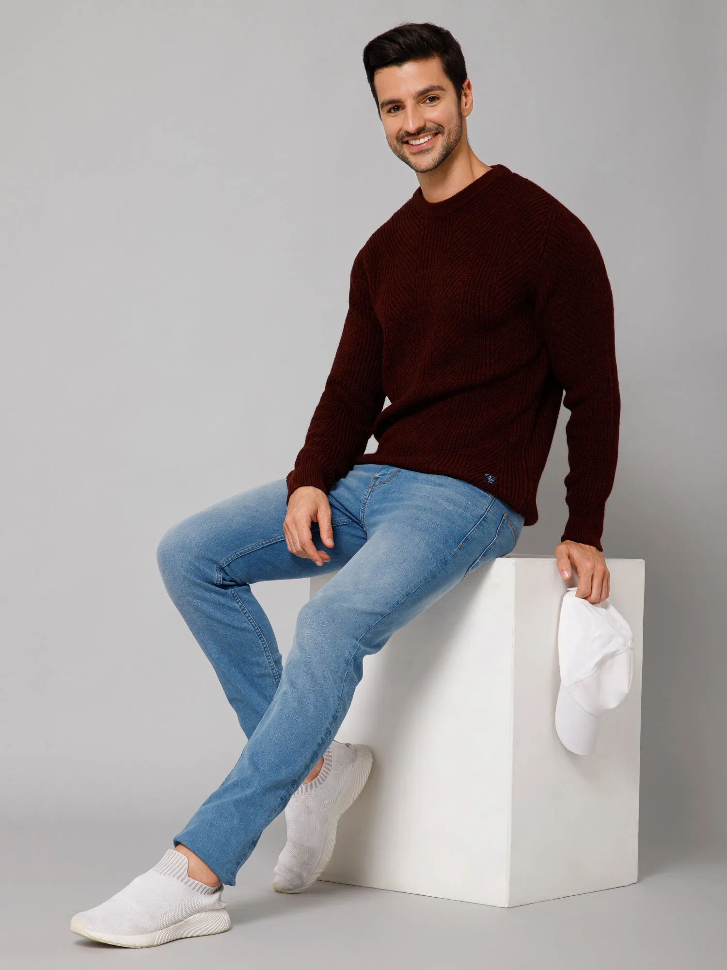 Self Design Rust Full Sleeves Round Neck Regular Fit Casual Sweater for Men