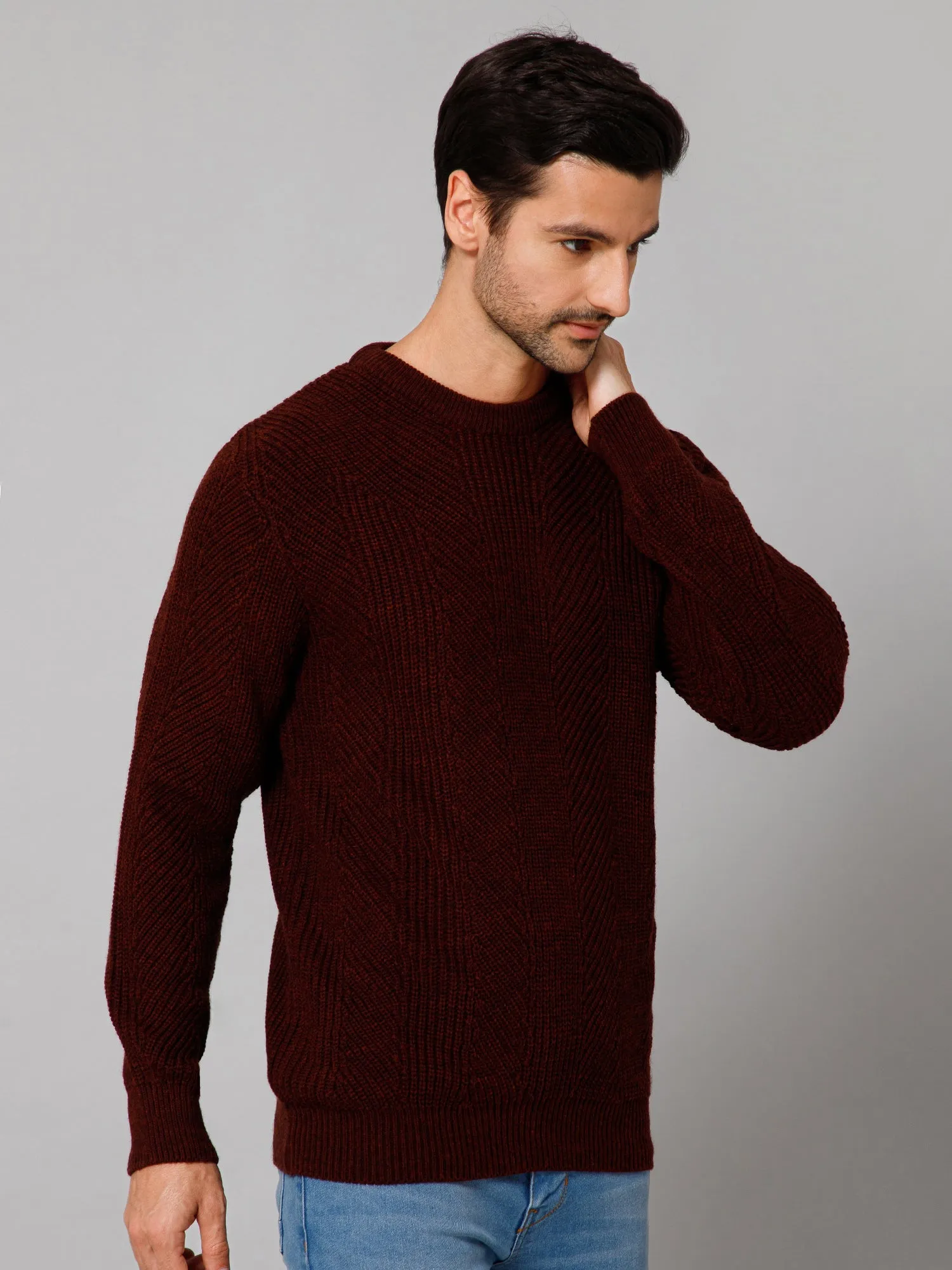 Self Design Rust Full Sleeves Round Neck Regular Fit Casual Sweater for Men