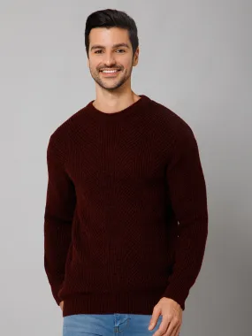 Self Design Rust Full Sleeves Round Neck Regular Fit Casual Sweater for Men